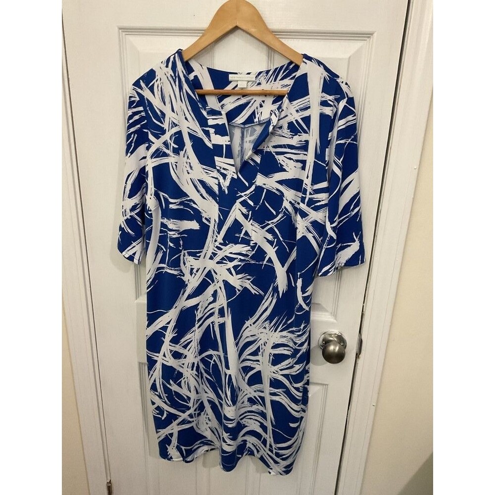 New York & Company Blue and White Abstract Print V-Neck Dress, Size XXL